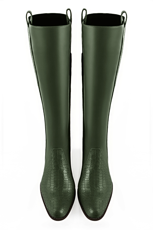 Forest green women's riding knee-high boots. Round toe. Low leather soles. Made to measure. Top view - Florence KOOIJMAN